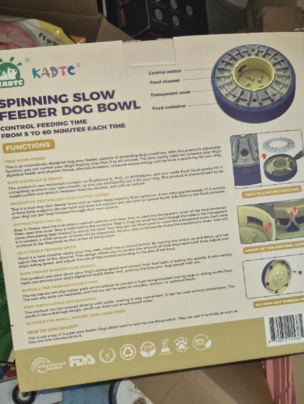 ADT Blue Spinning Slow Feeder Dog Bowl with Interactive Center